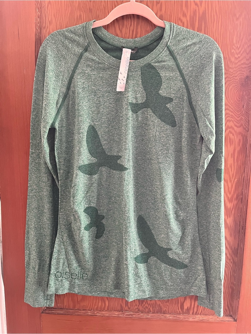NWT Oiselle Running Green Long-Sleeve Bird Print Top Raglan